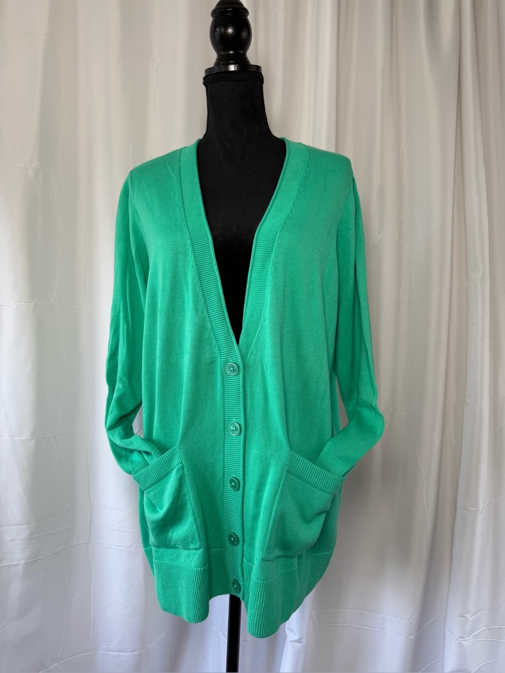 Talbots Plus 1X Kelly Green Cardigan Sweater Classic V-Neck Pocket Preppy Cozy